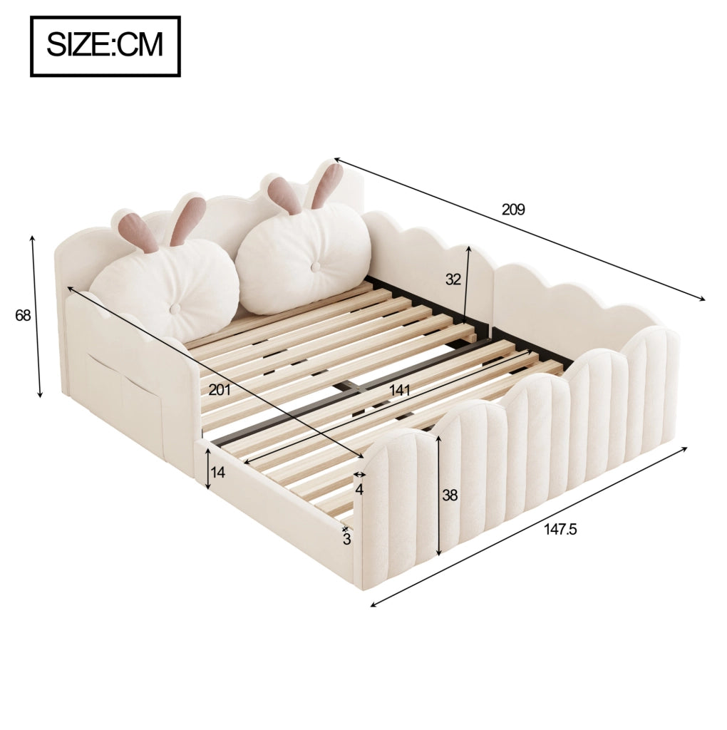 Letto a piattaforma imbottito 140x200 cm con cuscino a coniglio; beige