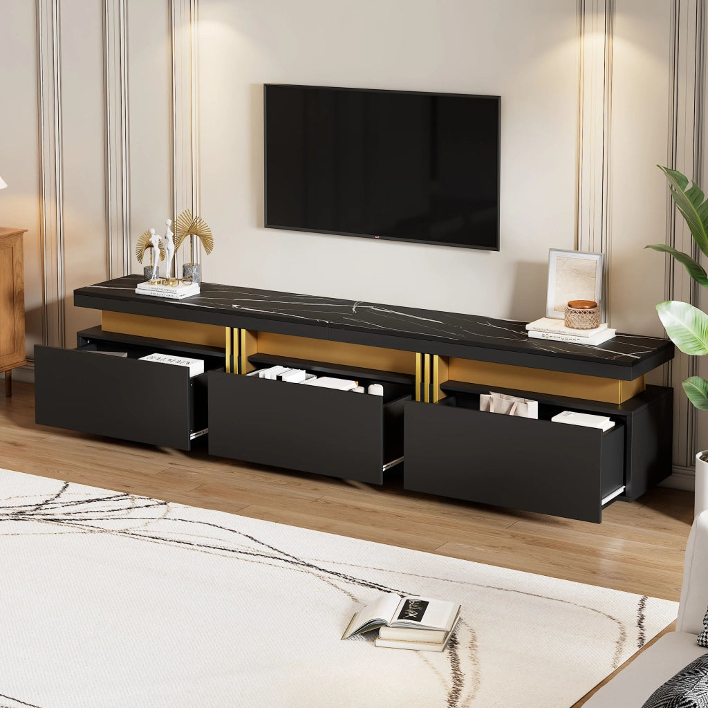 Mobile TV con 3 cassetti e passacavi, piano effetto marmo, per soggiorno, in truciolare nero, 200 × 40 × 42 cm