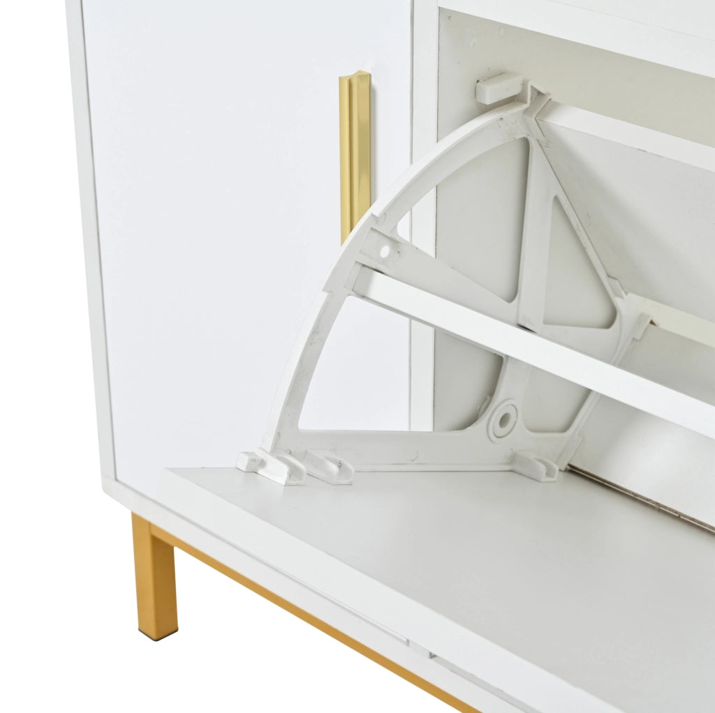 Scarpiera con panca 100x38x68 cm in pannelli truciolari bianco con dettagli oro, 2 ripiani, 1 armadietto, seduta imbottita e piedi in metallo