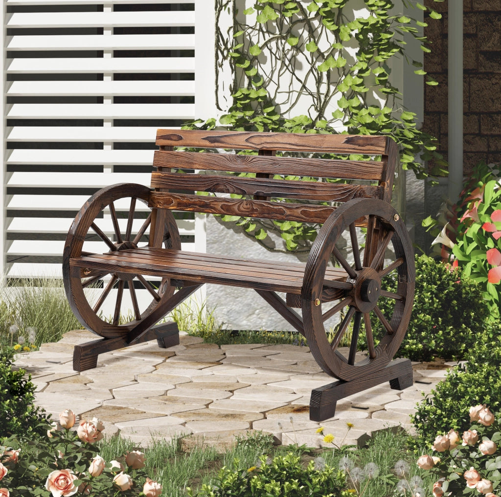 Panchina da Giardino 2 Posti in Legno di Abete Marrone con Braccioli a Ruota, Stile Rustico, 105,5x56x79 cm