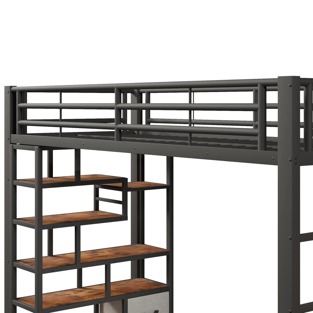 Letto a soppalco 90x200 cm nero con scala; sponde di sicurezza e struttura in metallo e MDF