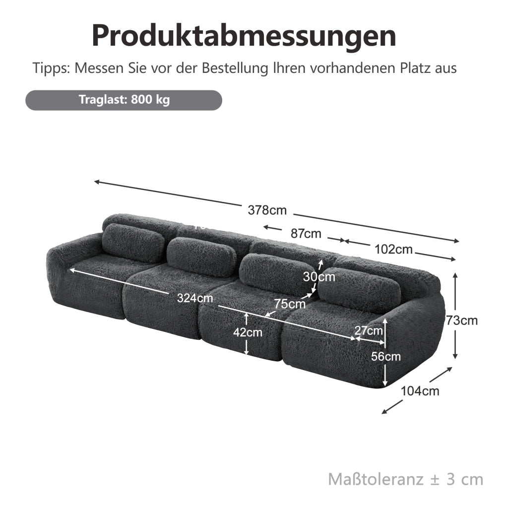 Divano modulare angolare senza struttura in tessuto di peluche grigio con schiuma 32D e base antiscivolo