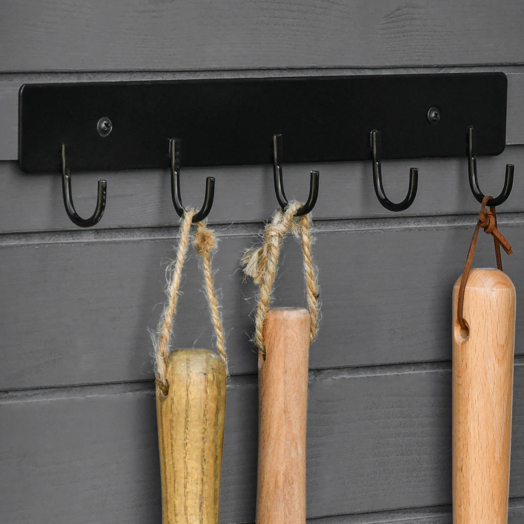 Armadio da giardino in legno grigio scuro con tavolo pieghevole ganci ripiani e tetto in asfalto per attrezzi