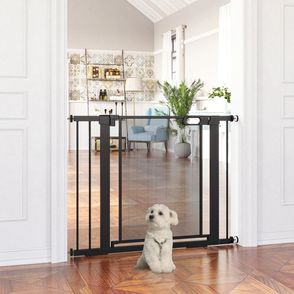 Cancelletto di sicurezza per cani in acciaio nero larghezza regolabile 75-103 cm con chiusura automatica bidirezionale