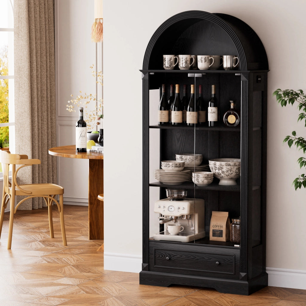 Vetrina LED con ante in vetro, nicchie aperte e sensore di movimento per soggiorno e cucina, nera, 80 × 35 × 180 cm