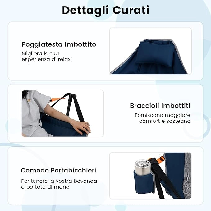 Sedia da Campeggio Amaca, Sedia a Dondolo Pieghevole con Portabicchieri, Schienale Regolabile, Poggiatesta, Sedile a Dondolo per Giardino, Patio, Prato, Portata 150 kg (Blu)