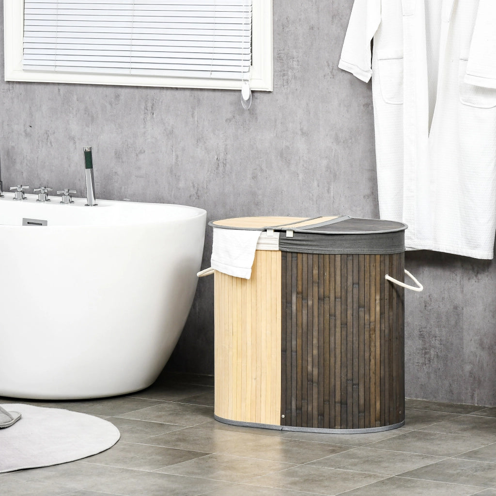 Cesto portabiancheria bamb¨´ 100L ¨C Xylo ¨C 2 scomparti coperchio sacca rimovibile 62,5x37x60,5cm grigio