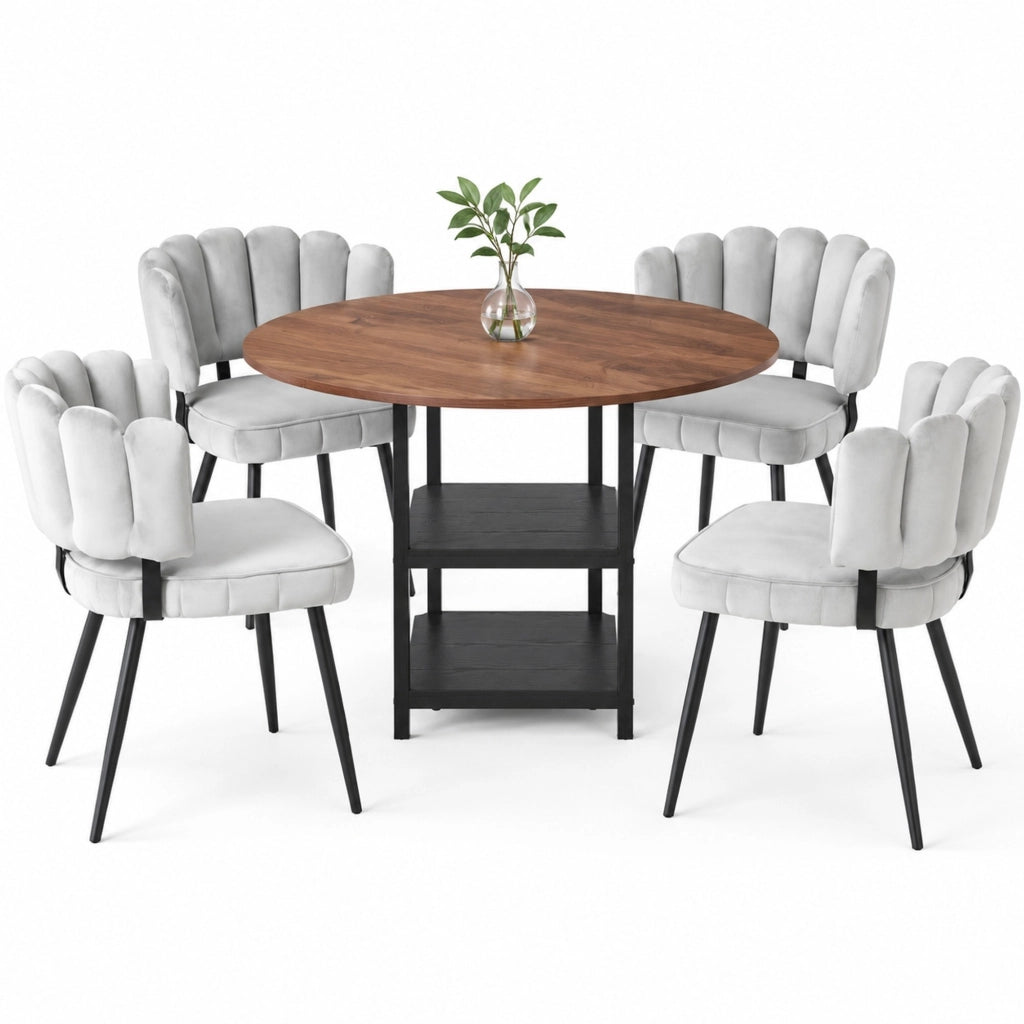Set tavolo rotondo 107 cm noce MDF e metallo; 4 sedie grigie