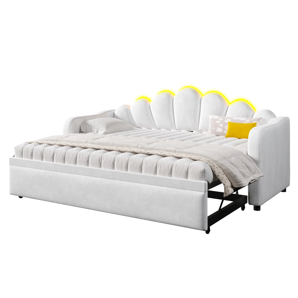 Letto estraibile 90 x 200 cm con LED, divano letto imbottito con posto letto sollevabile o a terra e reti incluse, bianco, per camera moderna