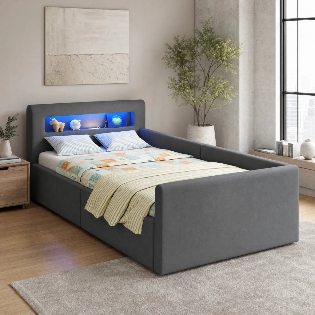 Letto per bambini imbottito 90 × 200 cm con luci LED porta USB vano idraulico velluto grigio