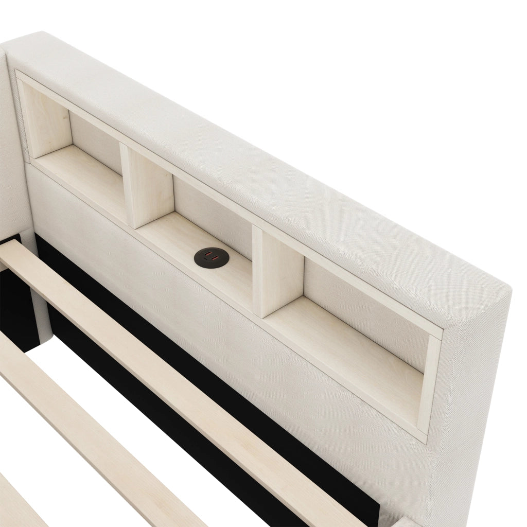 Letto da giorno 90x200 cm con 2 cassetti, LED e USB-C in lino e MDF beige