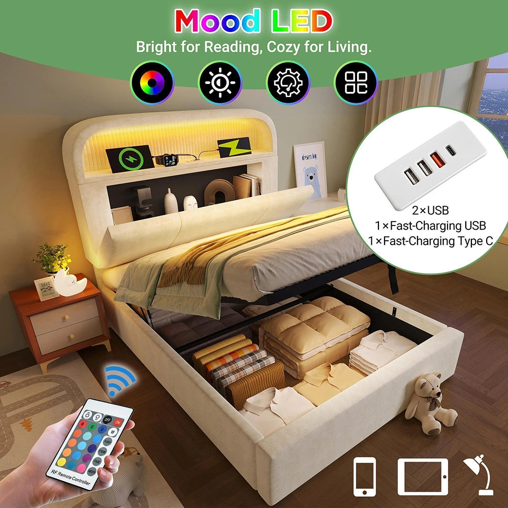 Letto Singolo Idraulico 90x200cm - Xylo - Testiera Regolabile LED con USB, Velluto Beige
