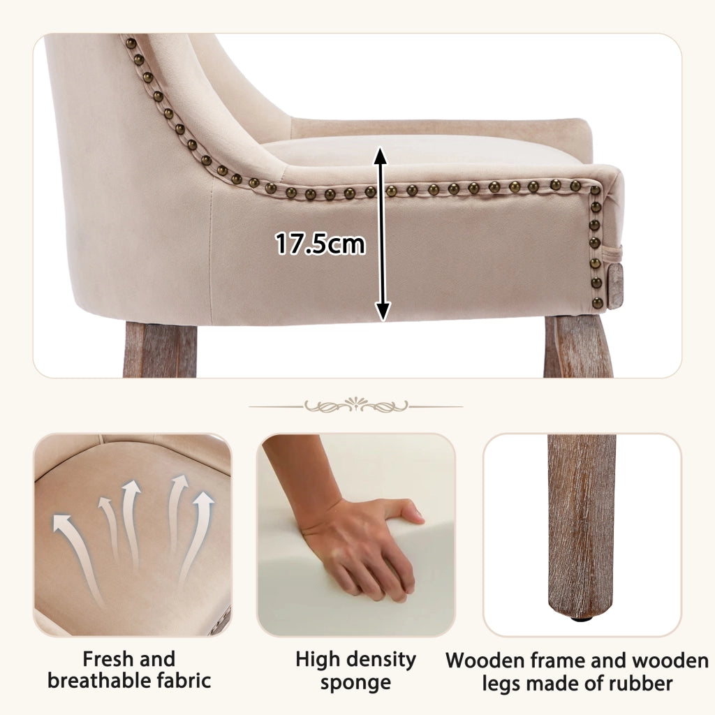 Sedia da Pranzo Sedia Imbottita con Schienale Ergonomico e Gambe in Legno Massello, in Velluto Beige