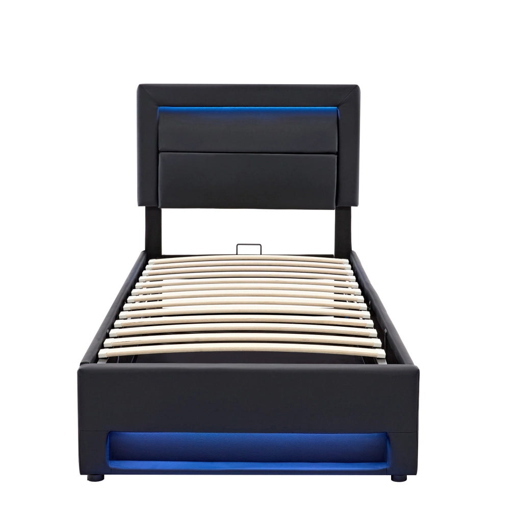 Letto imbottito 90x190 cm con contenitore, LED e ricarica USB in PU nero