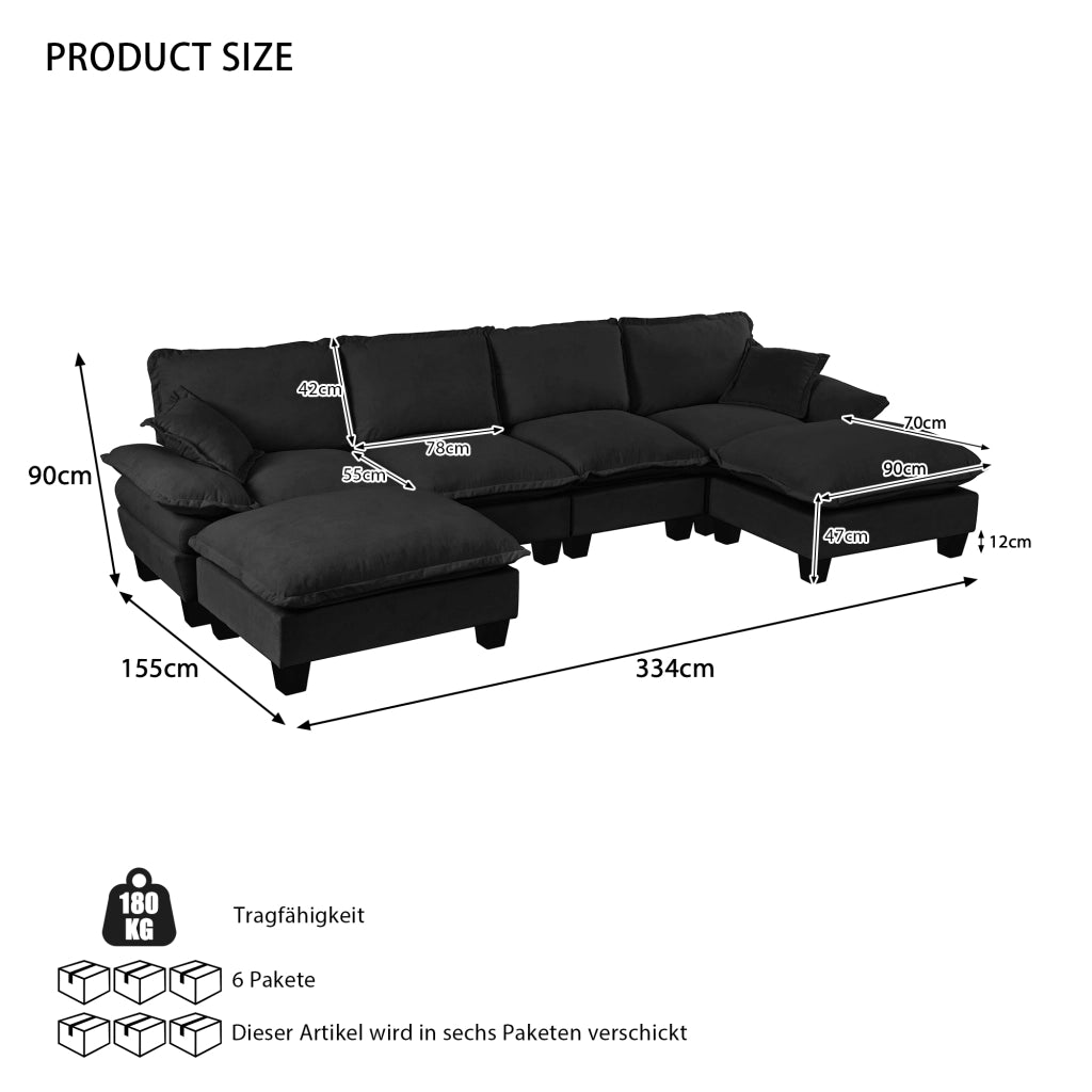 Divano panoramico a U 6 posti in ciniglia nero con ottomana rimovibile struttura in legno 323 × 155 × 90 cm