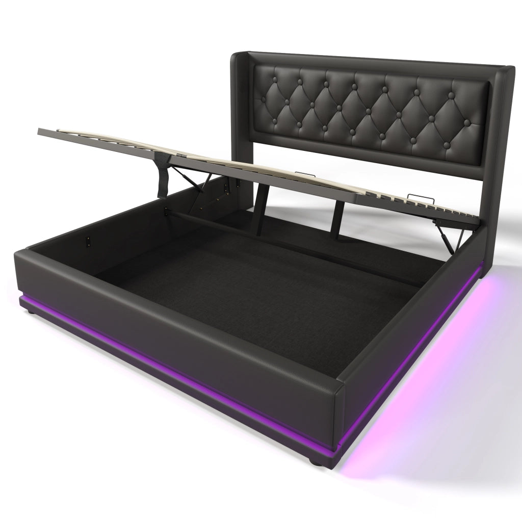 OKWISH Letto Contenitore 160×200 cm, Letto Matrimoniale con USB, Type C e LED Regolabile, senza Materasso, in PU, Nero