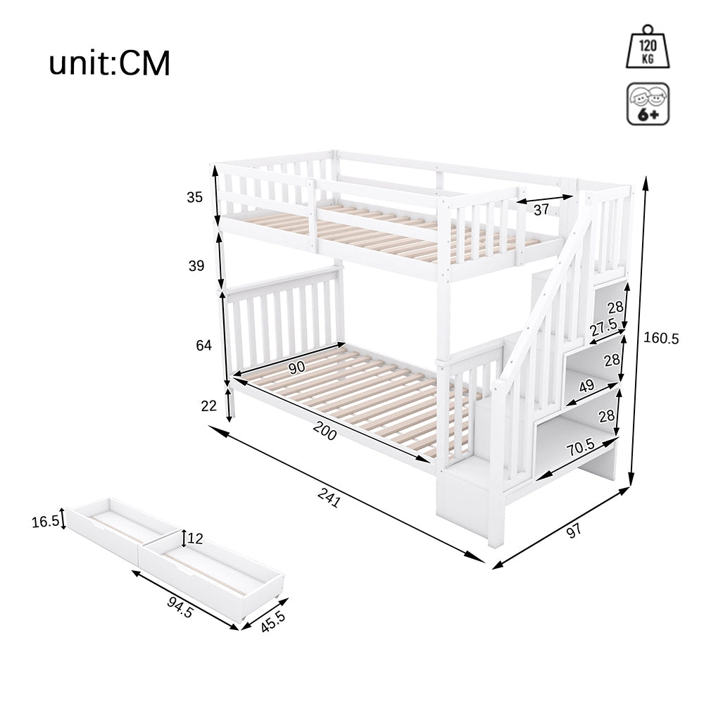 Lit superpos?? per bambini - Xylo - 90x200 cm - Bianco - Con scala e due cassetti