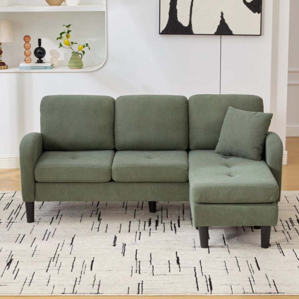 Divano angolare a L 3 posti con chaise longue 166x118x77 cm, tessuto in corda, gambe in plastica, design modulare