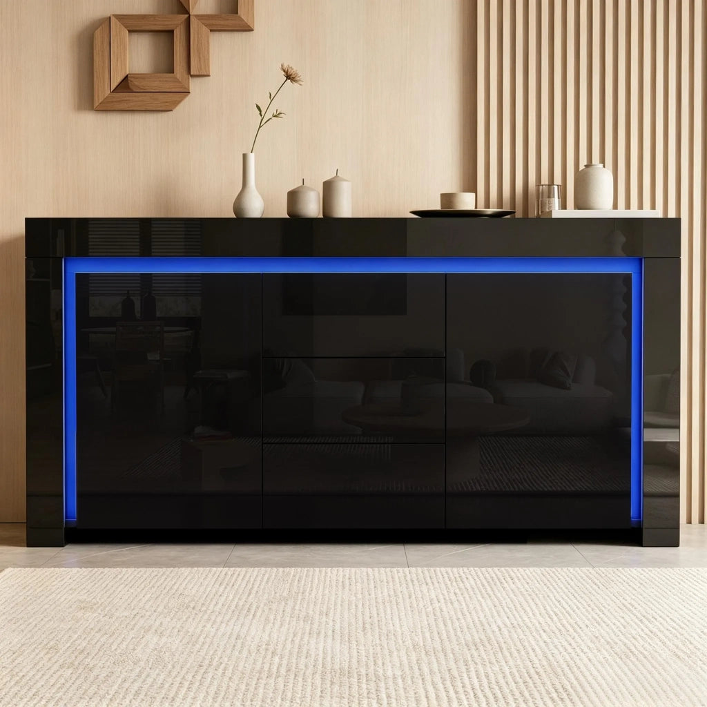 Mobile soggiorno moderno nero 140x40x65 cm, cassettiera con 3 cassetti e 2 ante, finitura lucida, striscia LED. Per corridoio, ufficio
