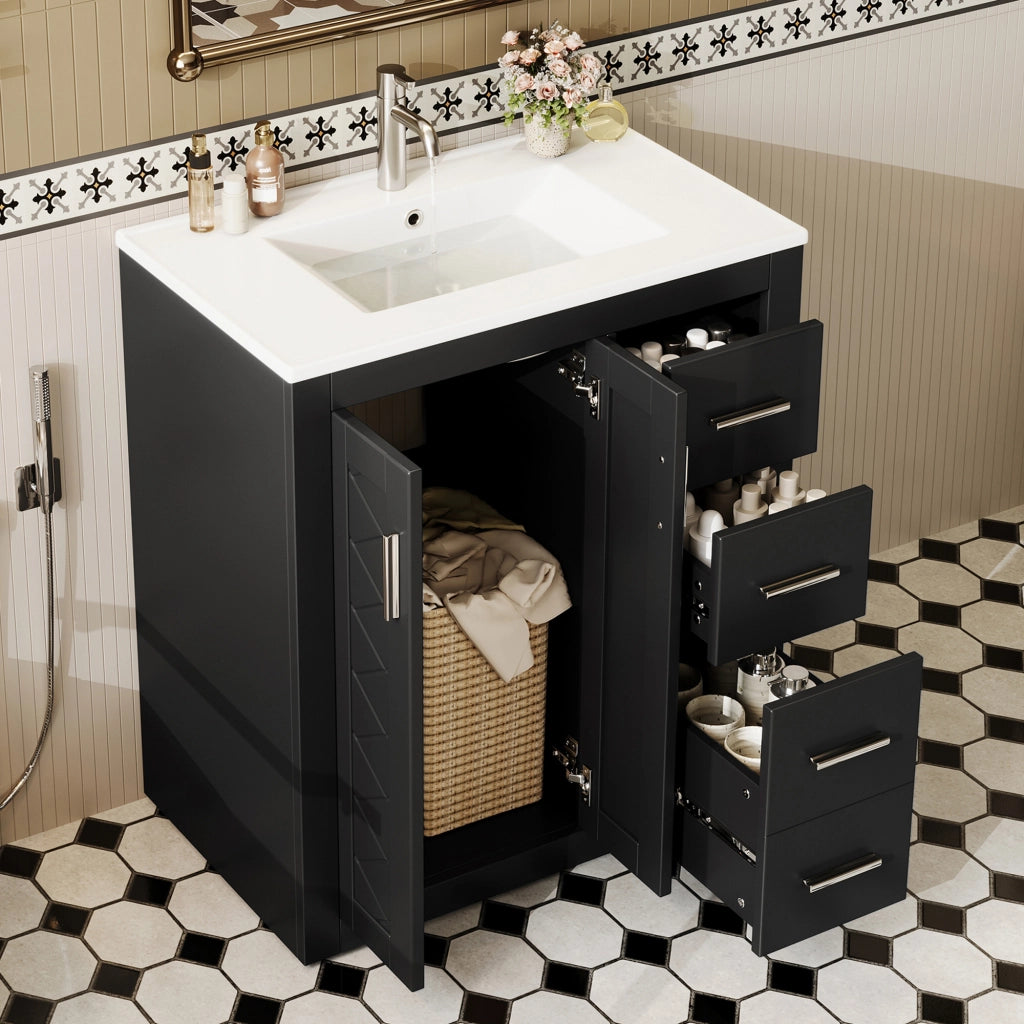 Mobile da bagno a terra con lavabo integrato 3 cassetti e 2 ante in MDF nero con superficie laccata 76 × 46.5 × 85.5 cm