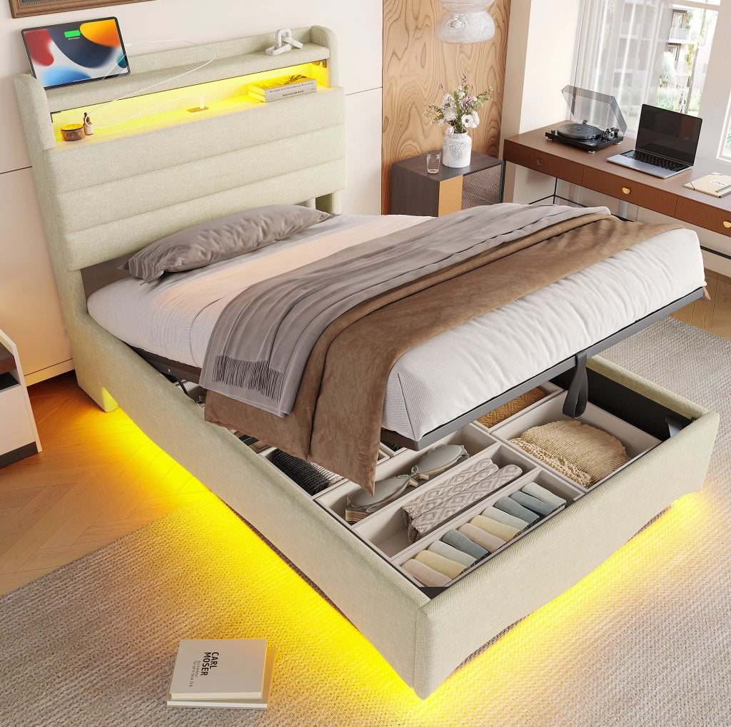 Letto imbottito 90 x 200 cm in lino beige con illuminazione LED, meccanismo idraulico e porte USB/Tipo-C