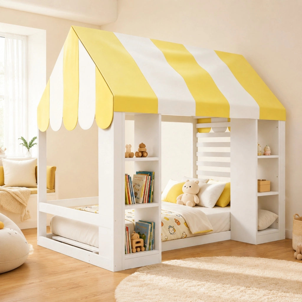 Letto per Bambini 90x200 cm con Baldacchino; 2 Scomparti Aperti in Legno Bianco