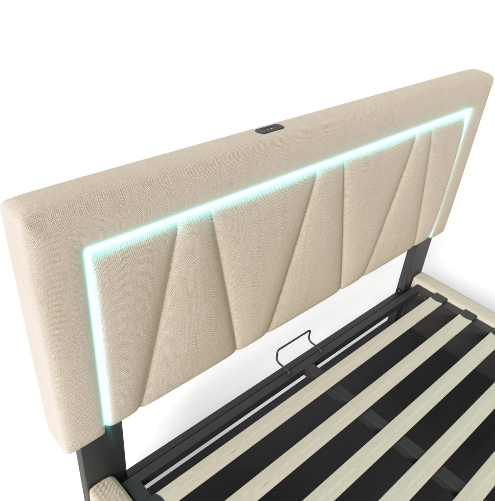 Letto imbottito LED 140x200 con porta USB e Type-C; contenitore; beige