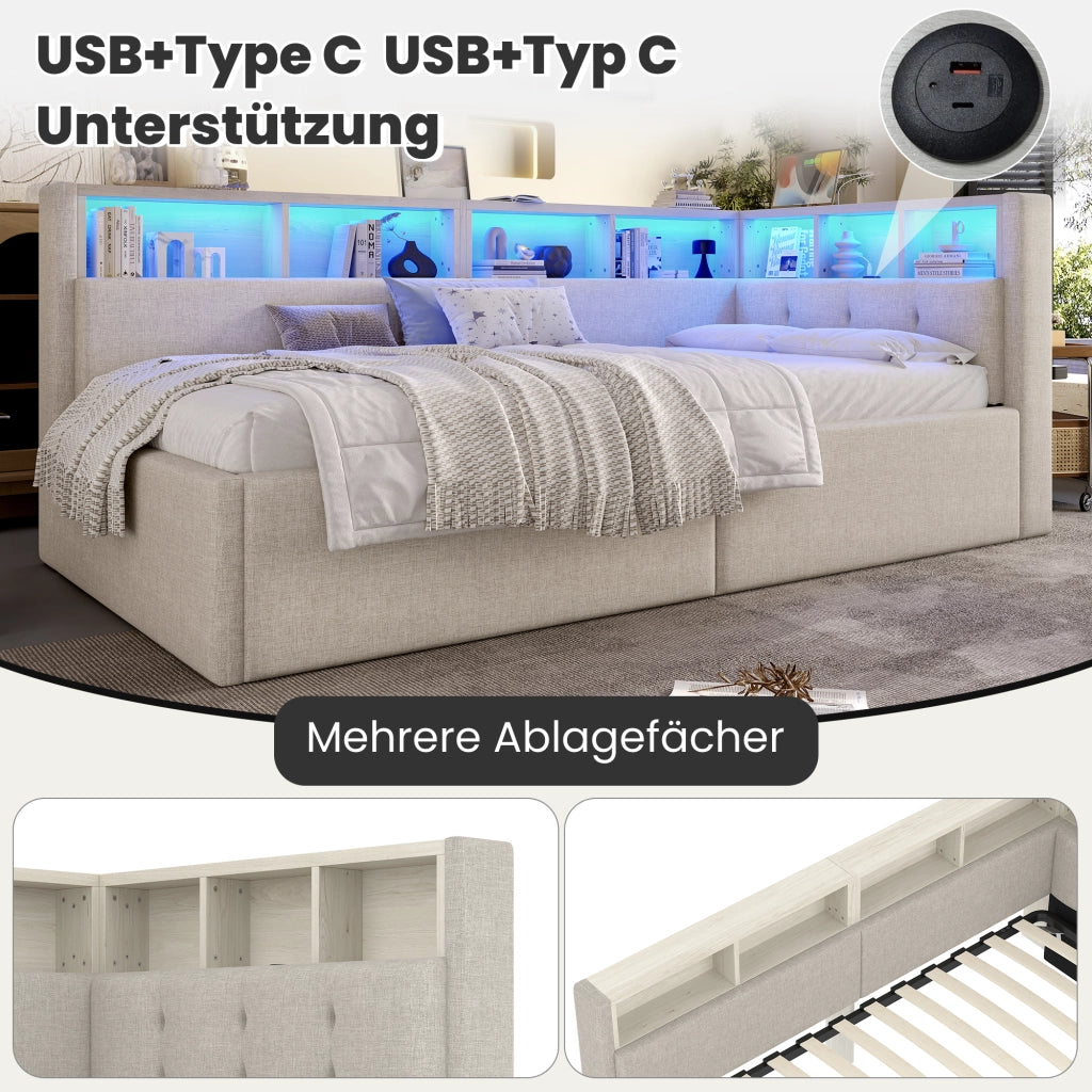 Letto divano 90 × 200 cm singolo con contenitore idraulico; LED regolabile; USB e Type-C; senza materasso; beige