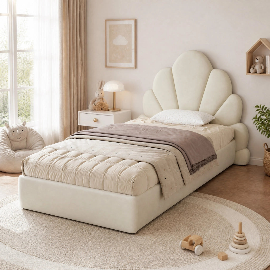 Letto singolo imbottito 90 ¡Á 200 cm con testiera a petali in velluto beige rete a doghe e tavolini laterali