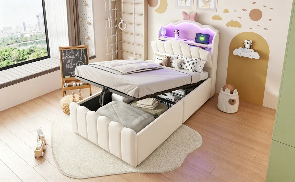Letto per bambini imbottito 90 × 200 cm con contenitore idraulico testiera LED USB e USB C in velluto beige