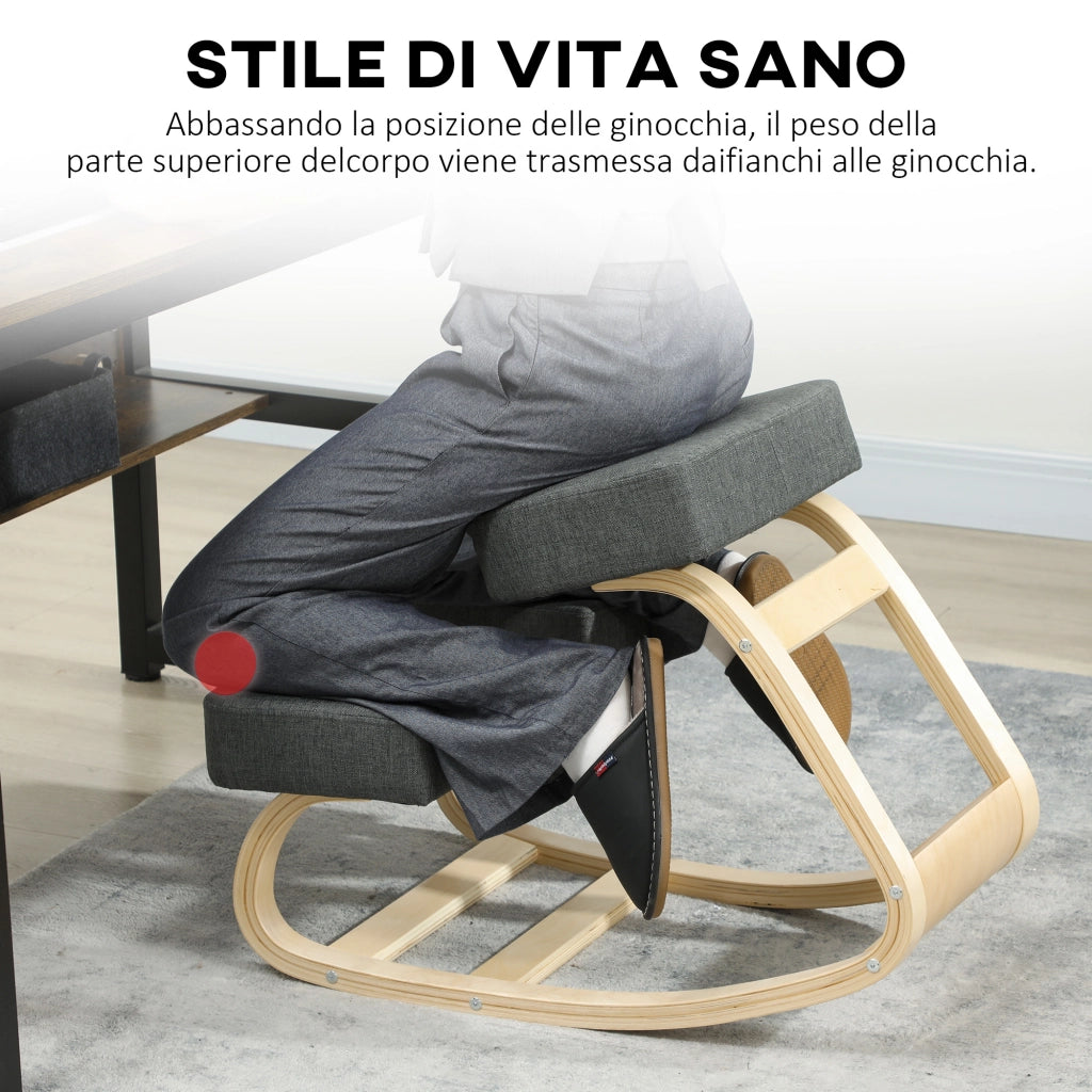 Sedia Ergonomica con Inginocchiatoio 51x69x58 cm in Legno di Betulla e Cuscini Grigio