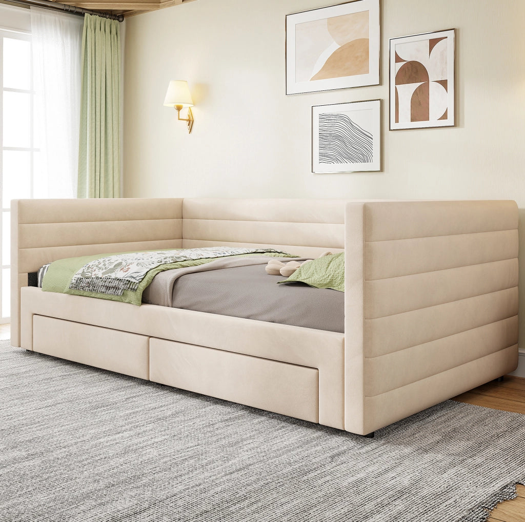 Letto imbottito 3-in-1 con 2 cassetti; divano e letto estraibile 90x190/180x190 cm; beige