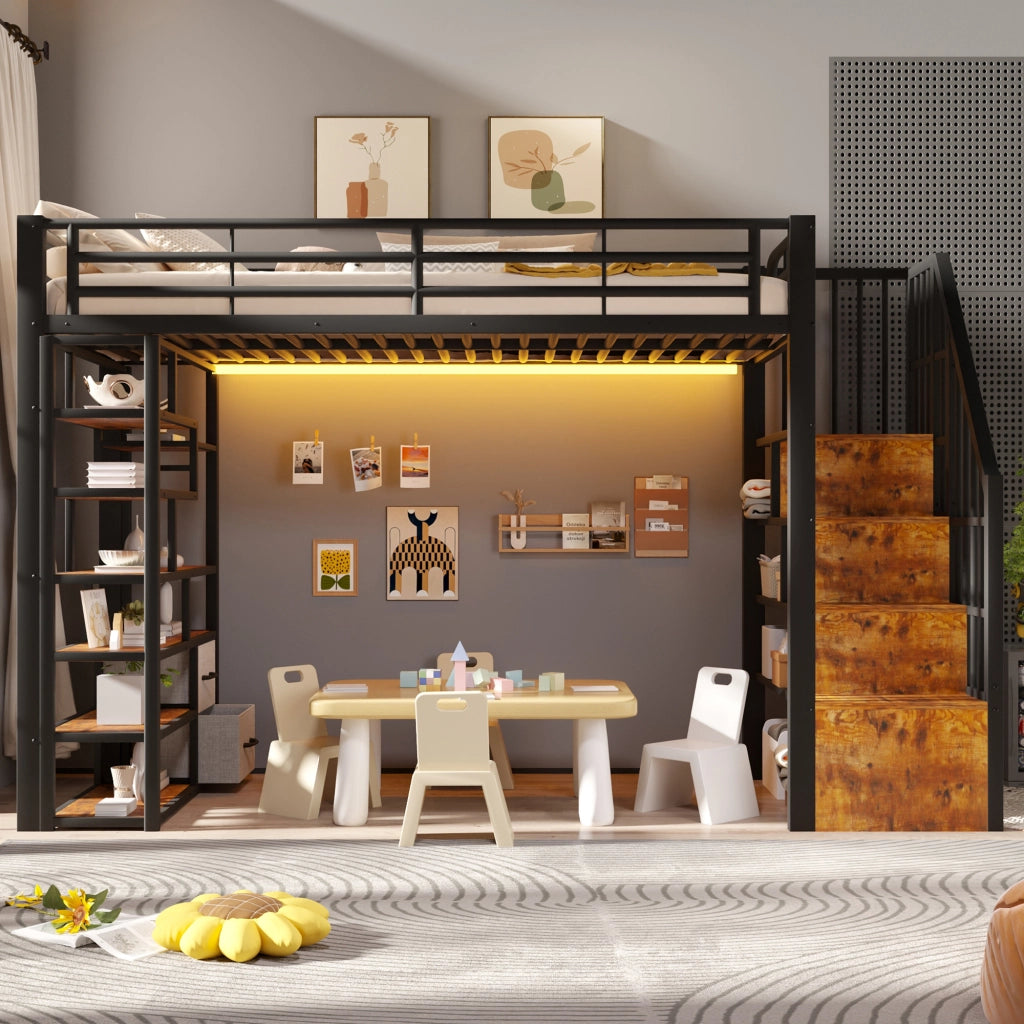 Letto a soppalco 90x200 cm nero con scala; sponde di sicurezza e struttura in metallo e MDF