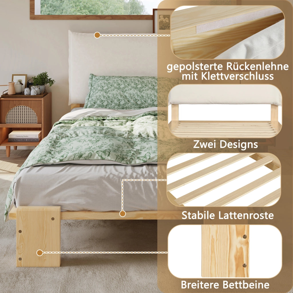 Letto singolo 90 × 200 cm con testiera imbottita con velcro rete a doghe gambe larghe in legno naturale senza materasso