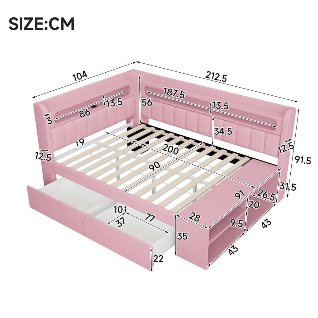 Letto con cassetti 90 × 200 cm con LED USB mobile portascarpe struttura imbottita in MDF e compensato rosa