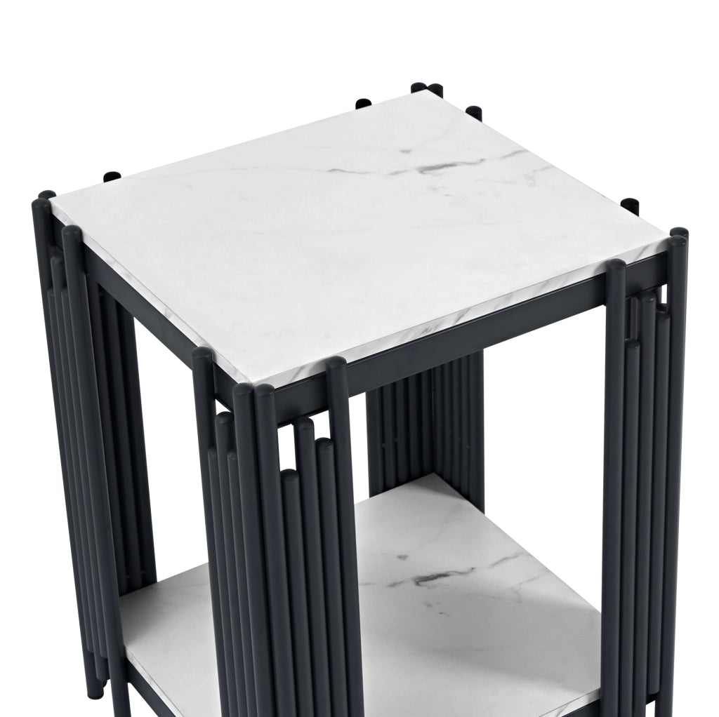 Comodino a 2 ripiani in MDF effetto marmo bianco e nero