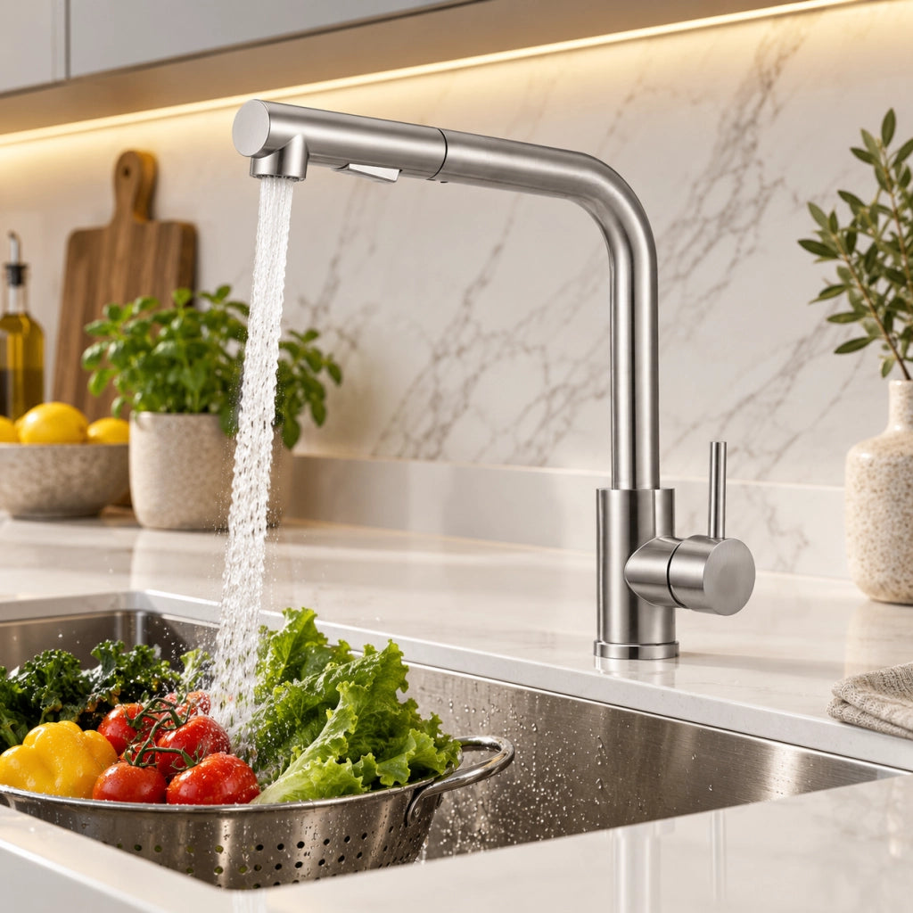 Miscelatore rubinetto cucina acciaio inox spazzolato, doccetta estraibile, due modalità getto, rotazione 360°, acqua calda fredda, altezza 31 cm