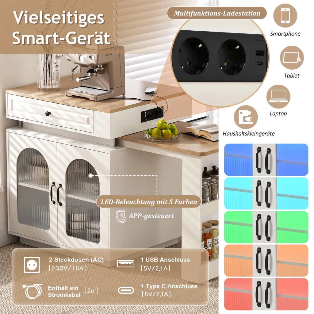 Tavolo allungabile con mobile contenitore LED e prese USB Type-C bianco in MDF e vetro 128~200 × 71 × 92 cm