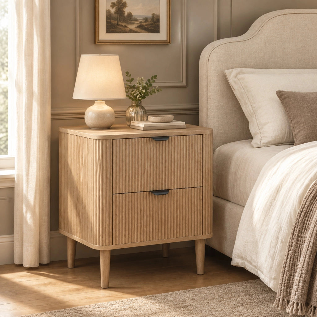 Comodino con 2 cassetti scanalati e guide metalliche, finitura rovere, per camera da letto e soggiorno, in MDF