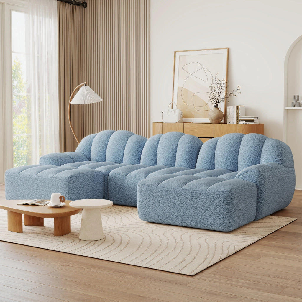 Divano modulare a U 288x165x79 cm in schiuma e tessuto blu