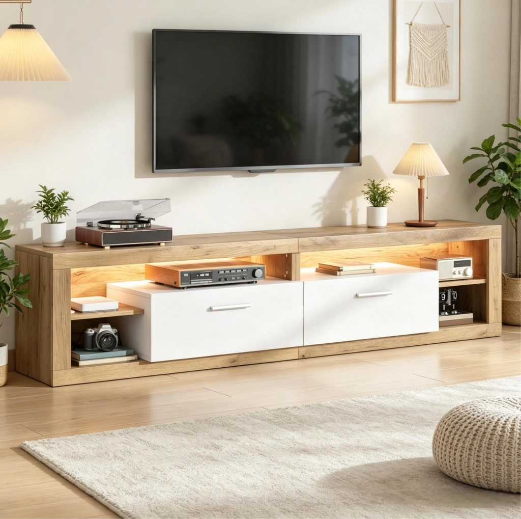 Mobile TV lowboard 180 x 35,5 x 50 cm naturale e bianco con LED App