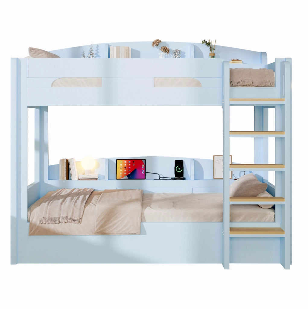 Letto a castello 90x200 cm con presa USB e ripiani azzurro HOMVRA