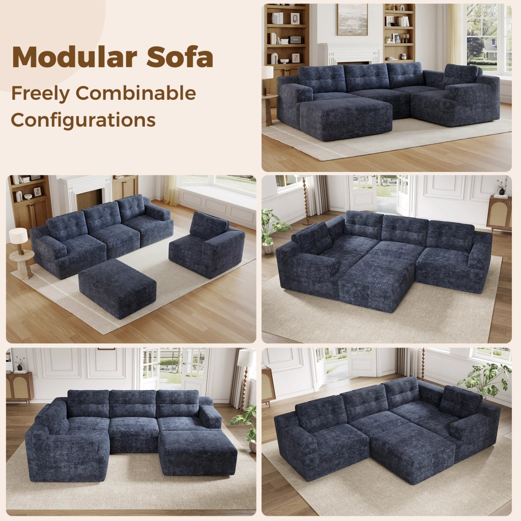 Divano panoramico modulare a 5-6 posti in chenille blu con pouf e schienale alto 82 × 252 × 180 cm