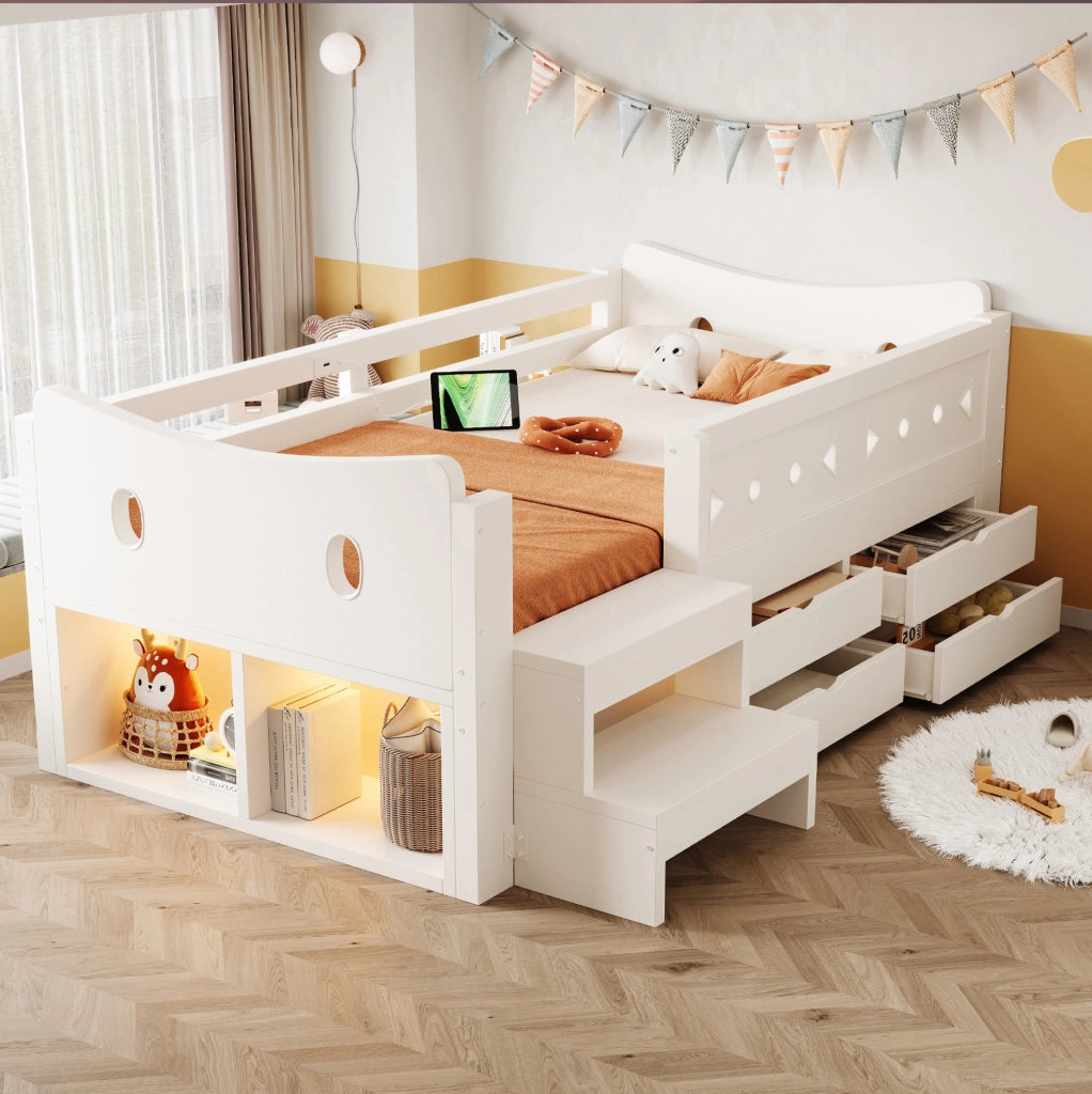 Letto per bambini multifunzionale 90x200 cm con cassetti; vani contenitore; LED e USB; bianco