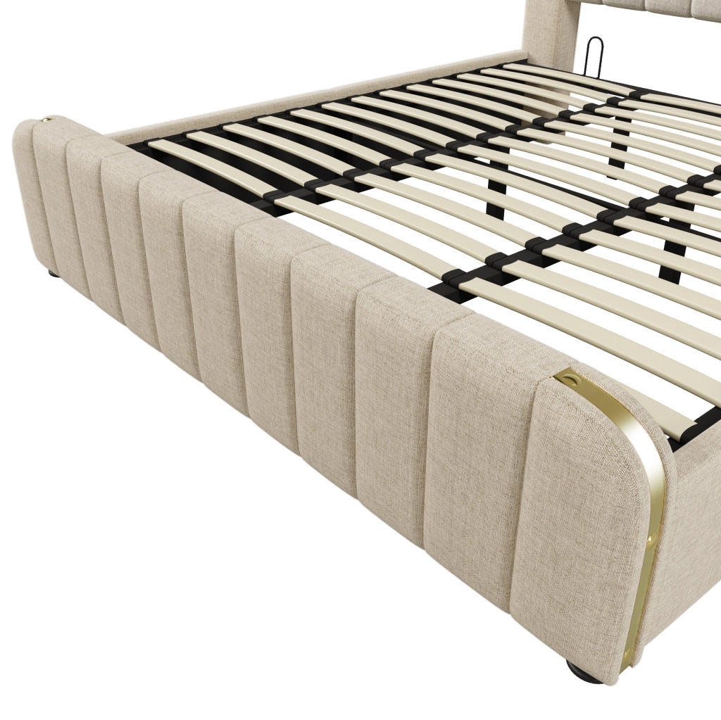 Letto matrimoniale imbottito con contenitore; USB Type-C; 180x200 cm; beige in lino; con materasso