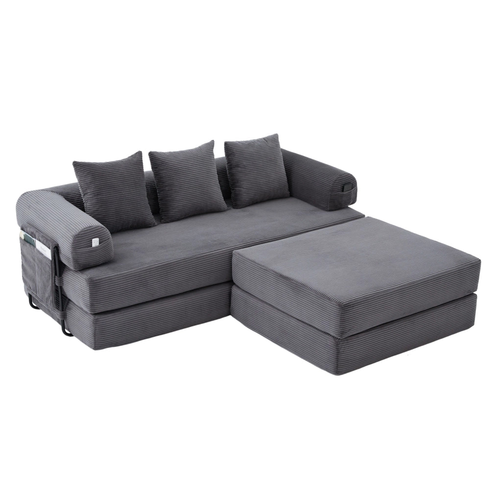Sofa modulare in velluto a coste con pouf; tasca laterale e 3 cuscini; grigio scuro
