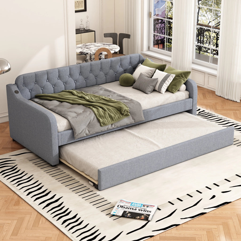 Divano letto 90 × 200 cm con letto estraibile USB in tessuto di lino grigio struttura in MDF con rete a doghe
