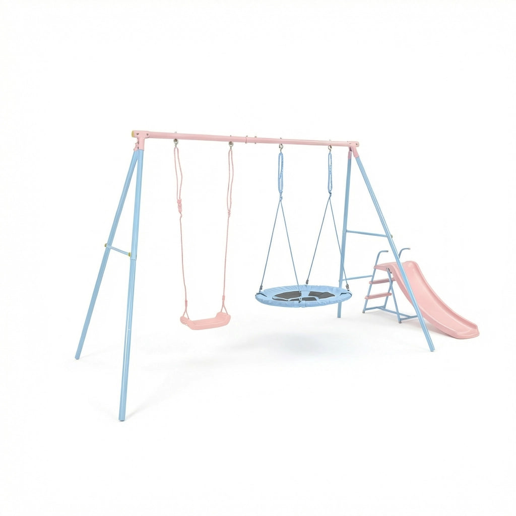 Altalena con scivolo due sedute classica e rotonda struttura in acciaio e HDPE blu e rosa per bambini dai 3 anni