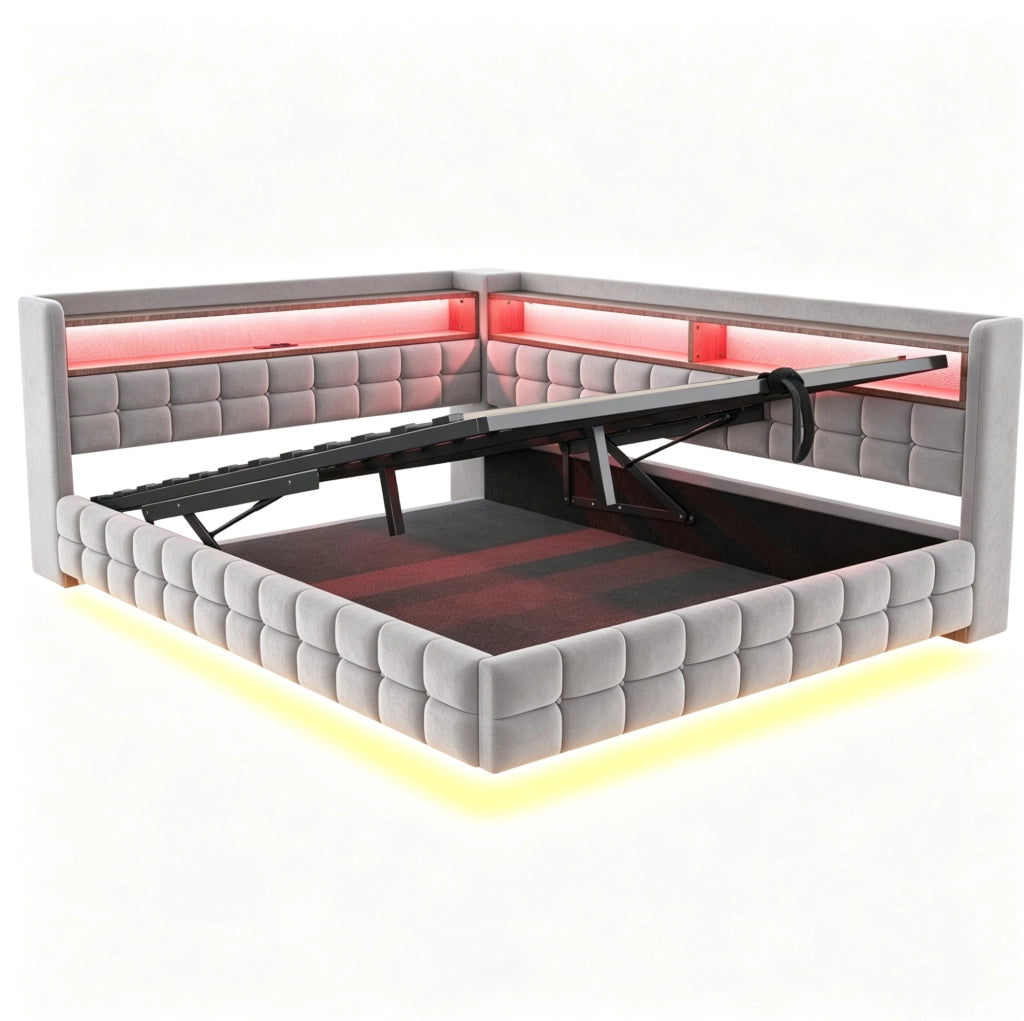 Divano letto imbottito ULEVR 140x200 cm con vano idraulico, LED, presa USB e Type-C, velluto grigio chiaro
