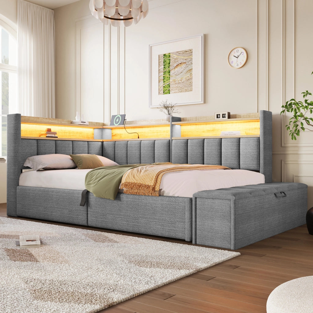 Daybed Imbottito 90x200 cm con Sollevamento Idraulico; Vano Contenitore; LED; USB; Grigio